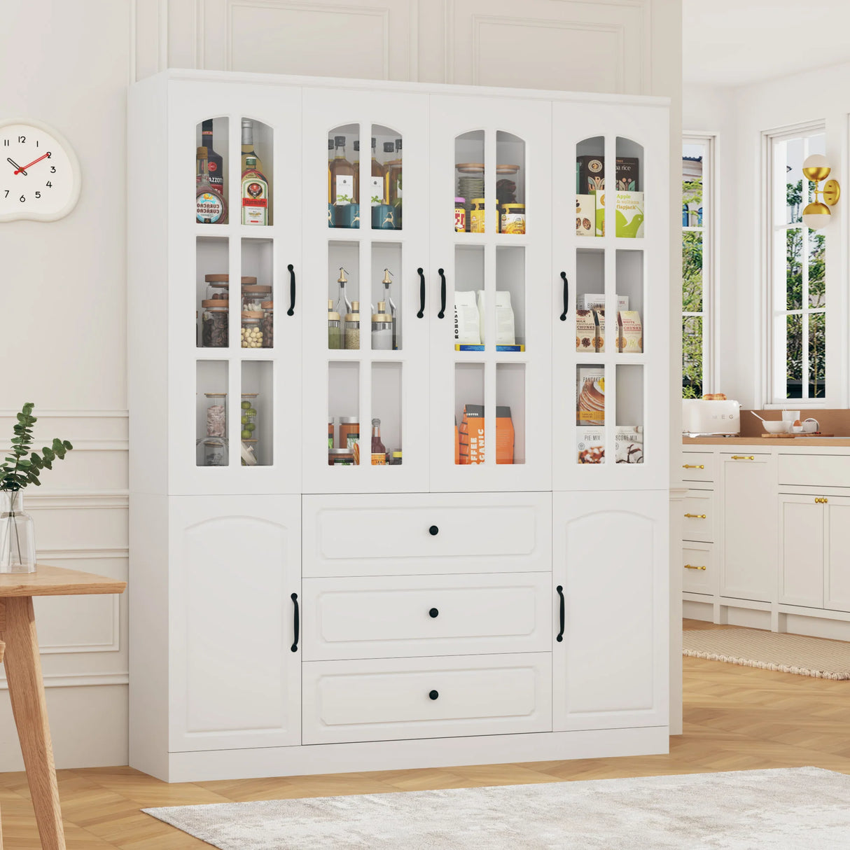 Spacious White Glass Door Dining Room Storage Cabinet