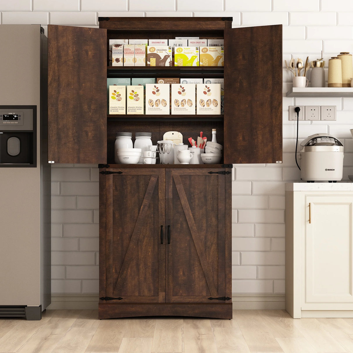 71-Inch Farmhouse Adjustable Shelves Storage Cabinet