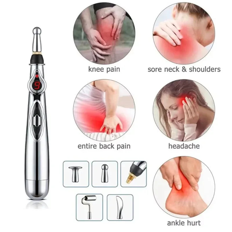 Electronic Acupuncture Pen Stainless Steel Massage Device With 5 Heads - Omega Lifestyles