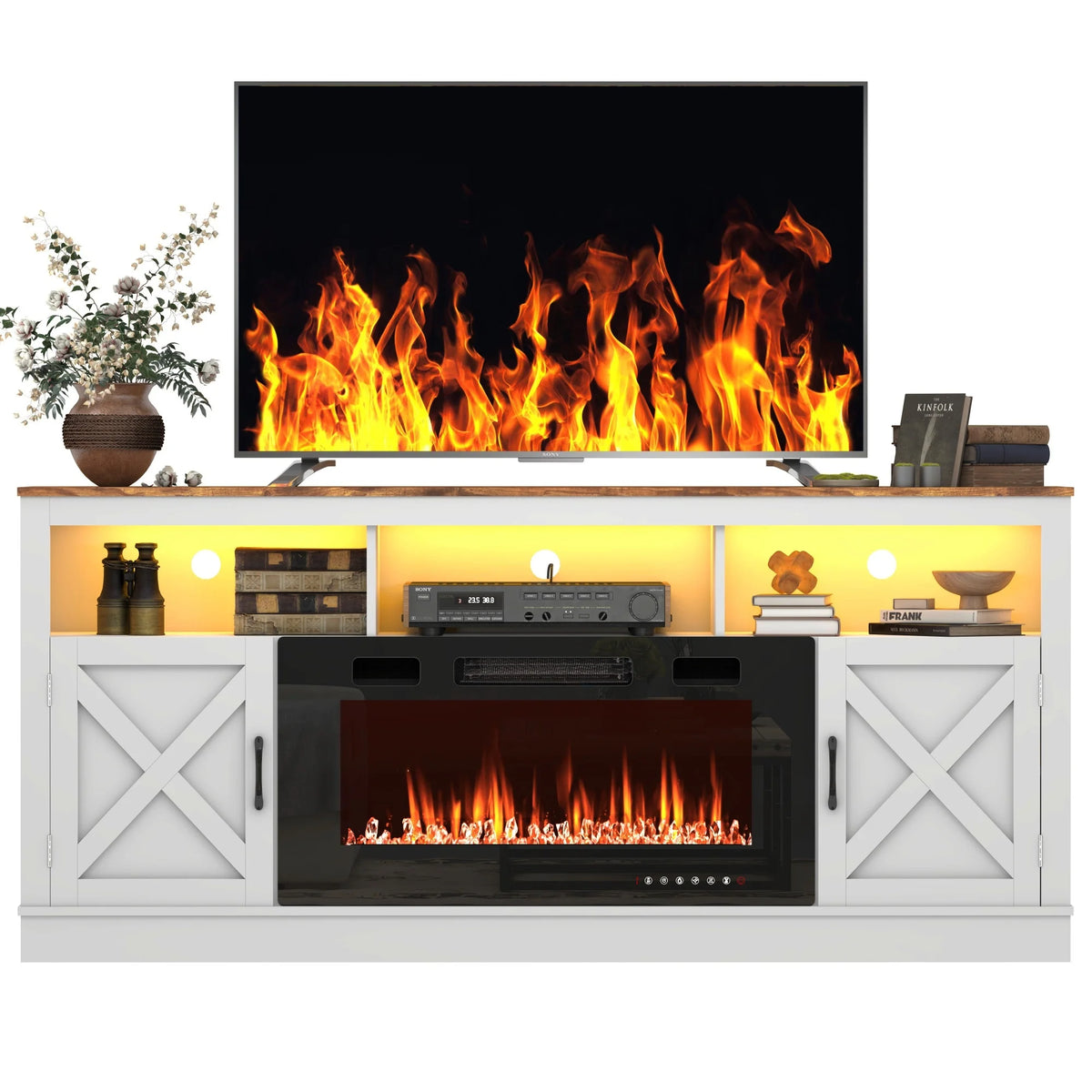 Farmhouse Rustic Fireplace TV Stand With LED Light