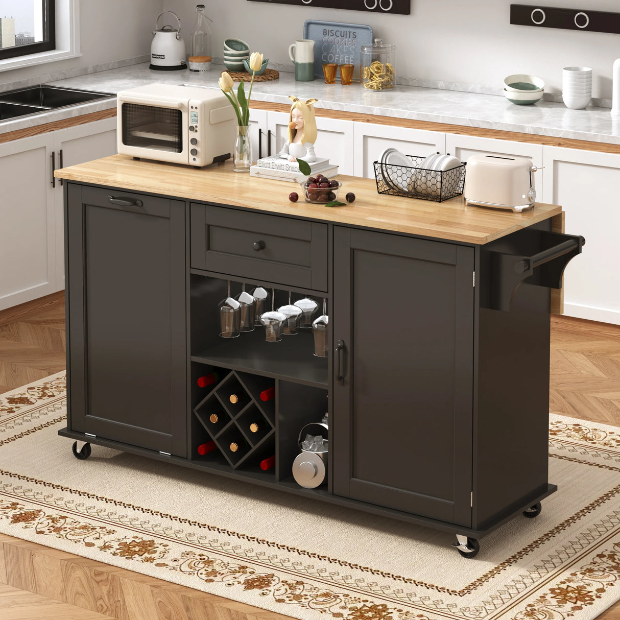 Rolling Wood Kitchen Island Cart With Drop Leaf Countertop