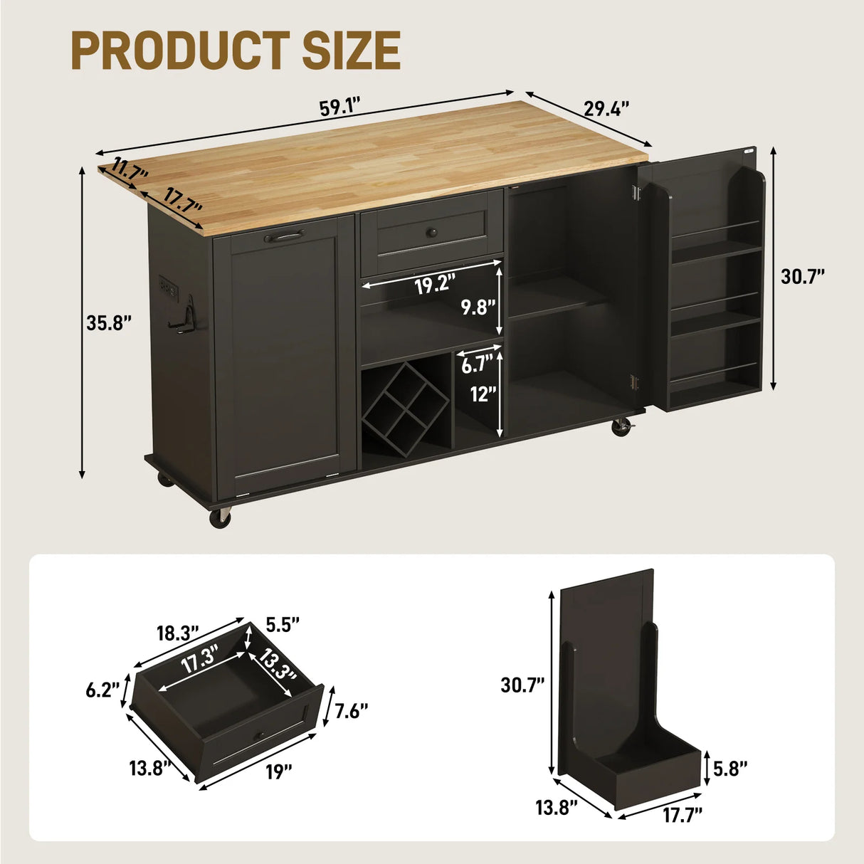 Rolling Wood Kitchen Island Cart With Drop Leaf Countertop