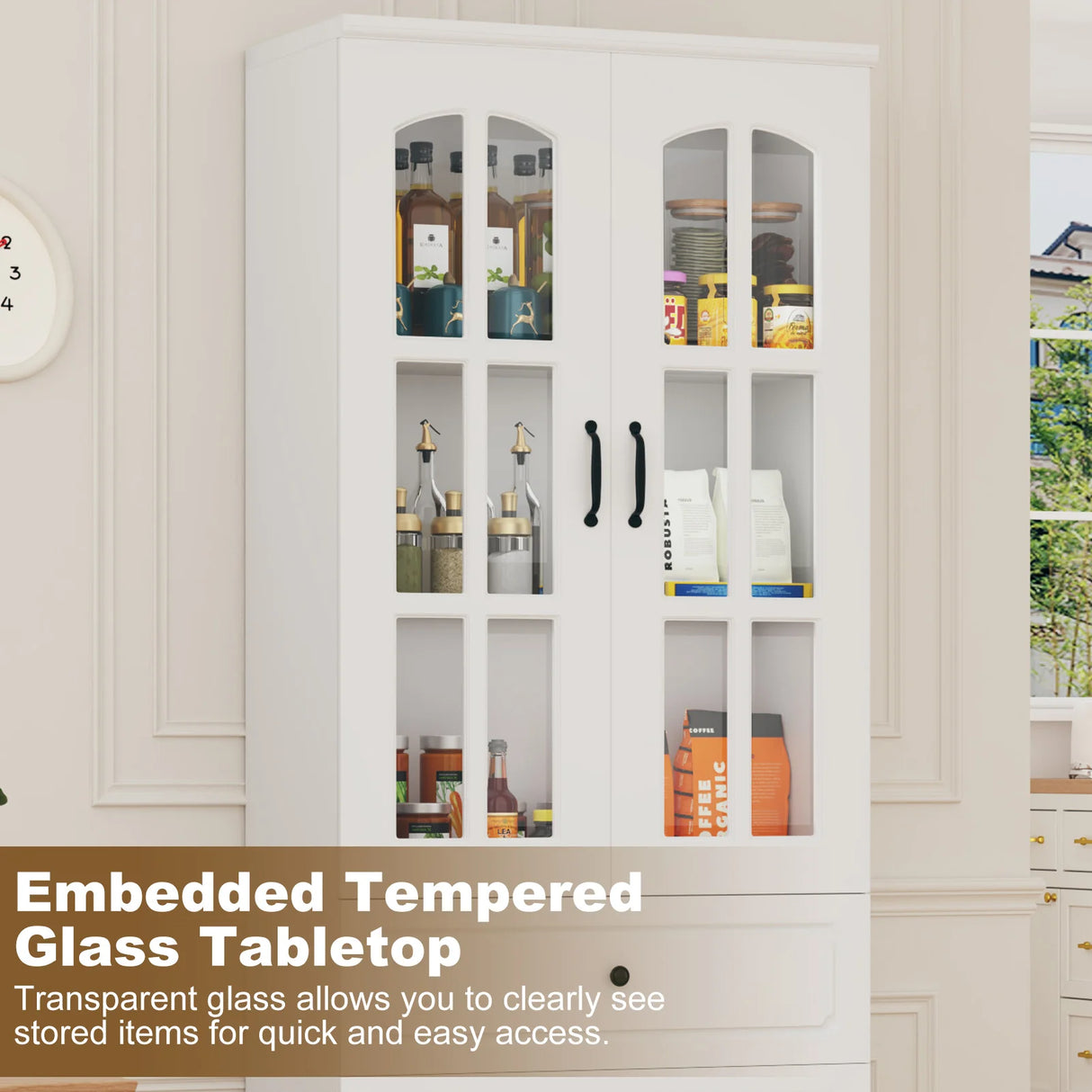 Modern 78-Inch White Glass Door Living Room Cabinet