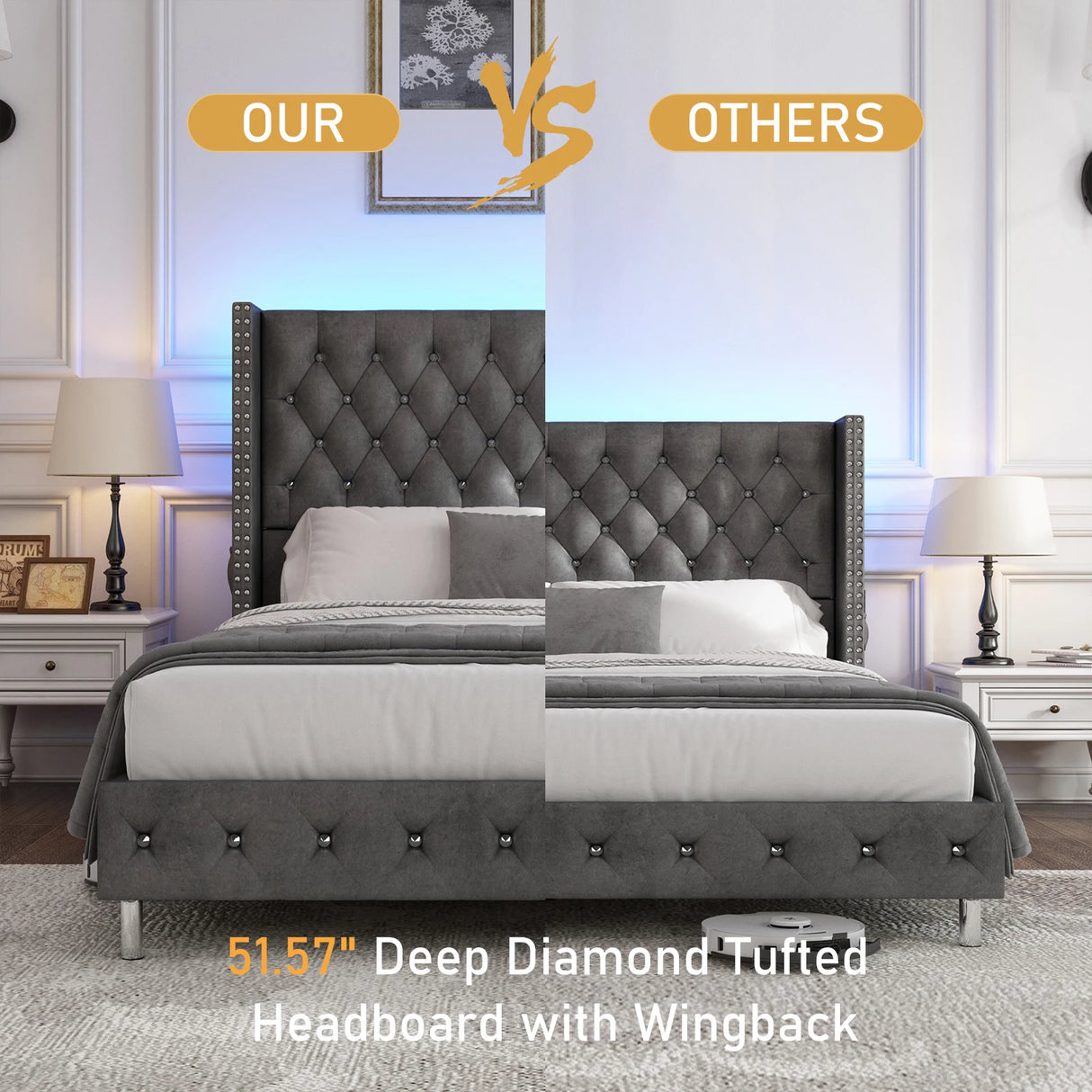 Queen Velvet Upholstered LED Wingback Bed Frame With USB Ports