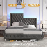 Queen Velvet Upholstered Wingback Bed Frame With LED Lights