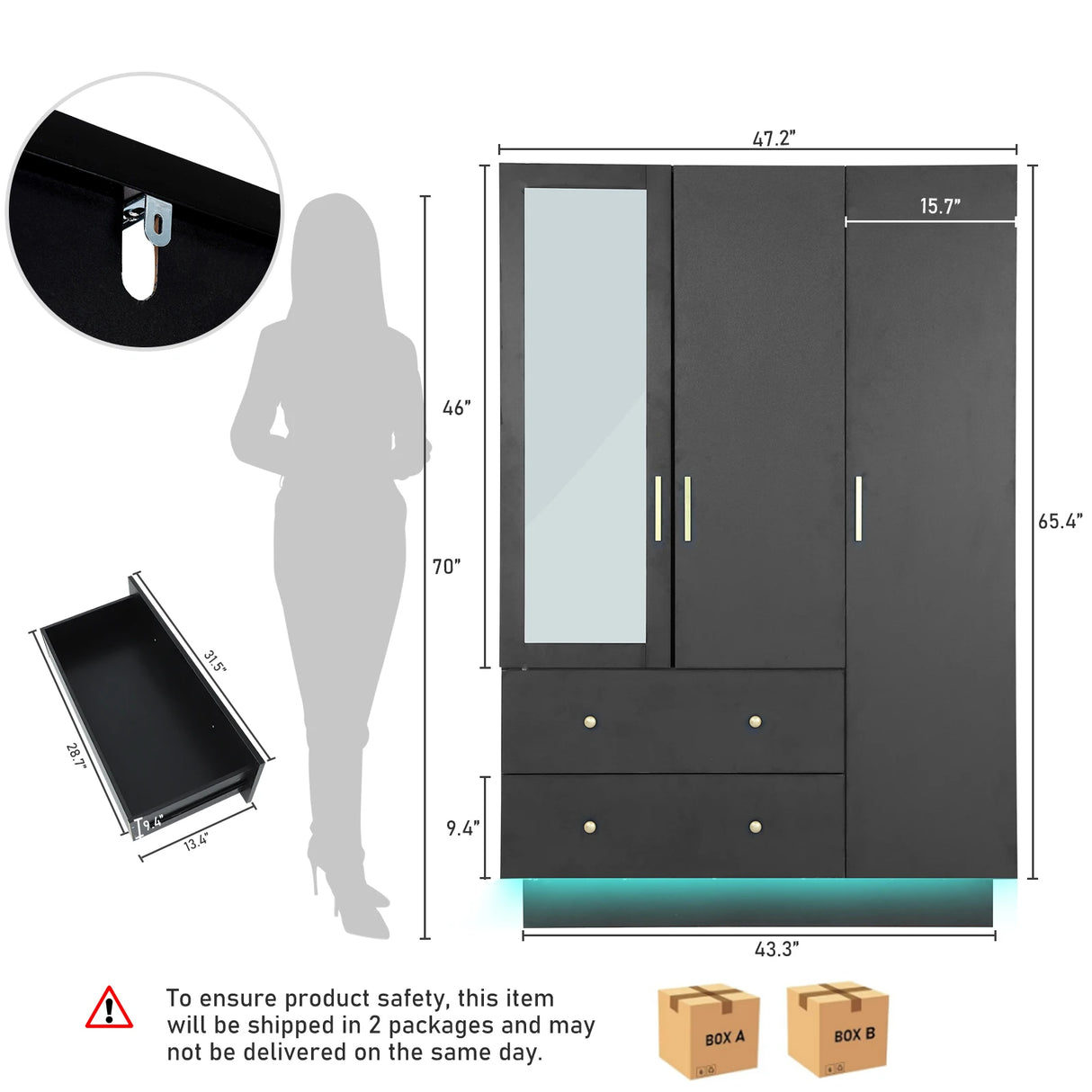Modern Engineered Wood 3-Door Wardrobe Closet With Mirror