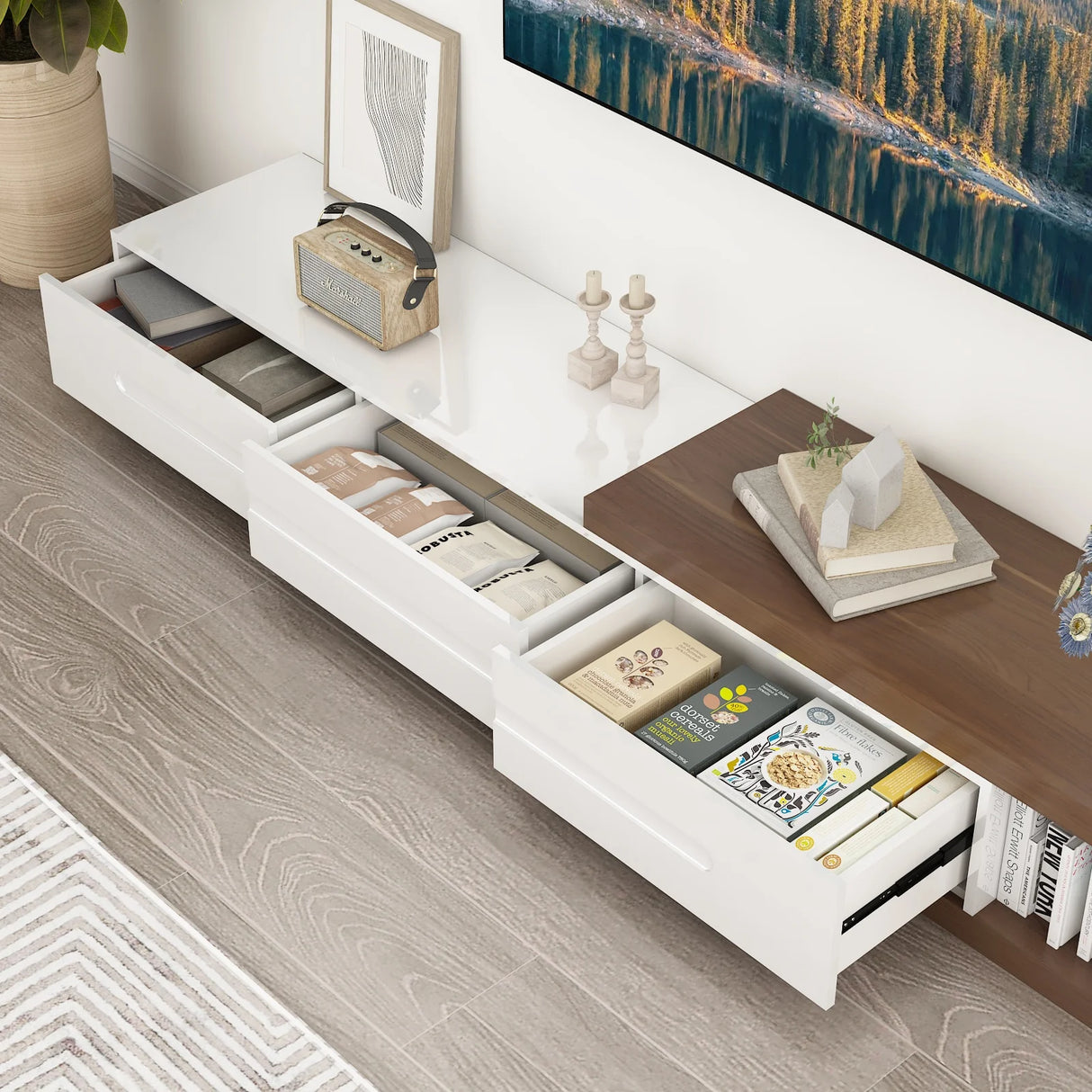 Extendable Reversible Engineered Wood TV Stand With Drawers