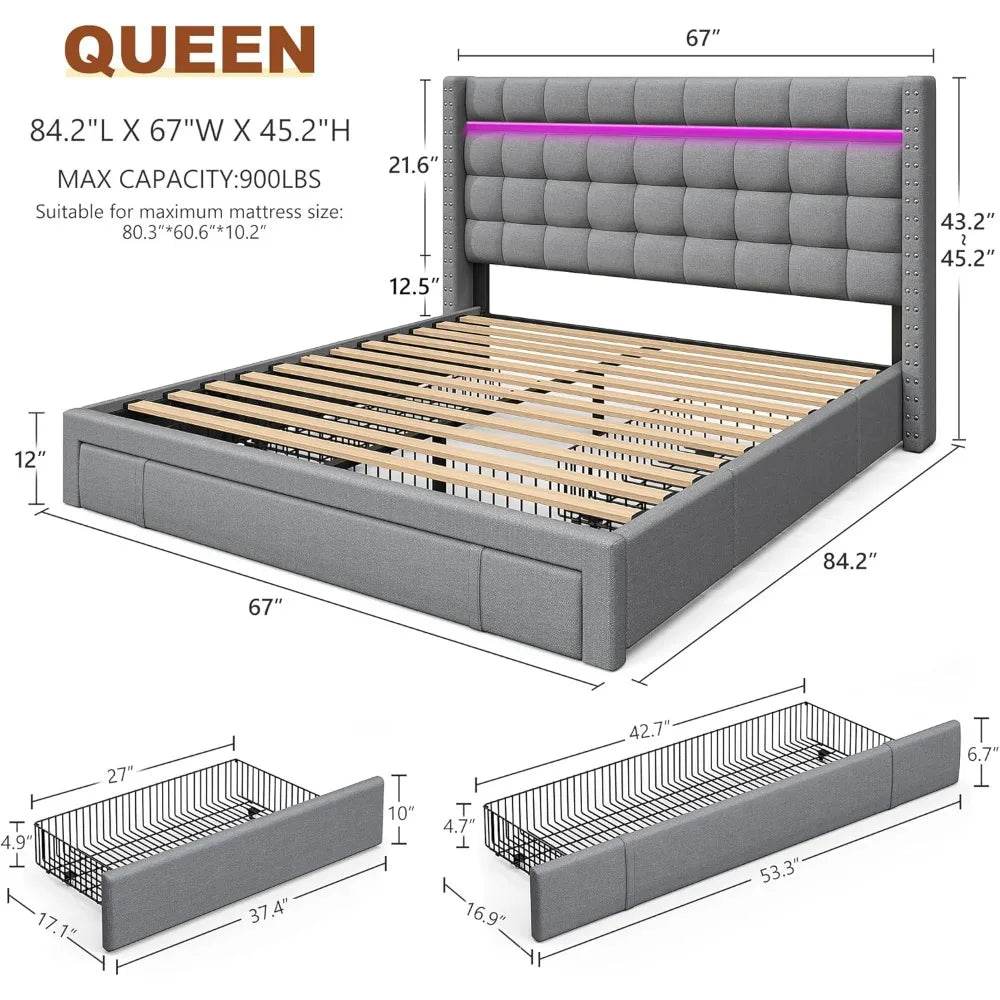 Queen Upholstered Bed Frame With Storage Drawers - Omega Lifestyles