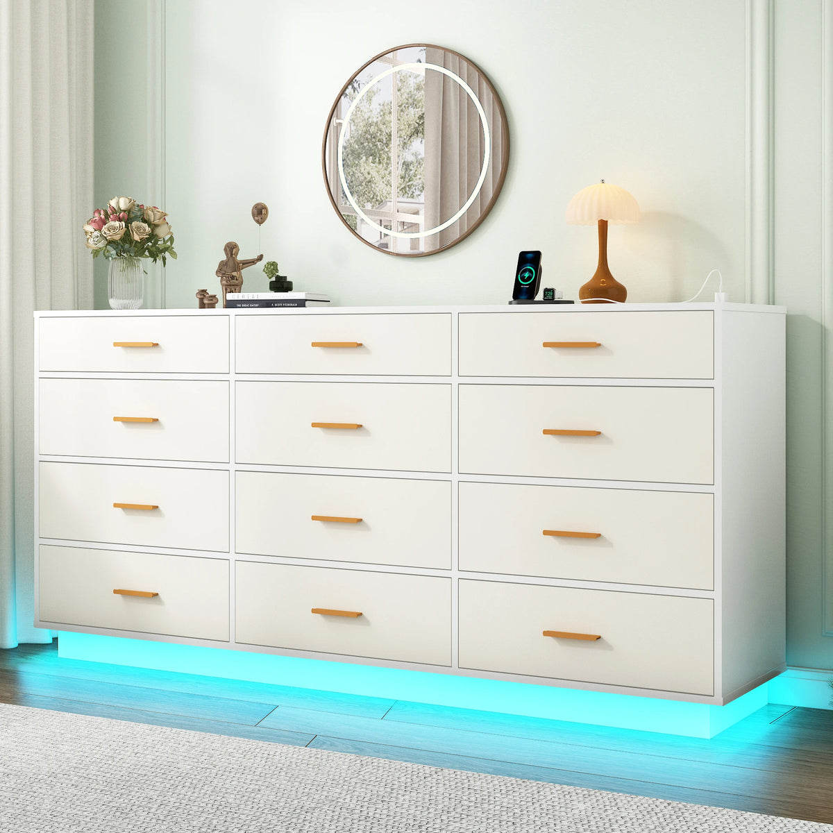 Modern 12 Drawer Dresser With Built-In Charging Station