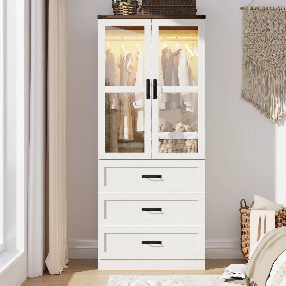 75-Inch Farmhouse LED 2-Door Armoire Wardrobe Closet