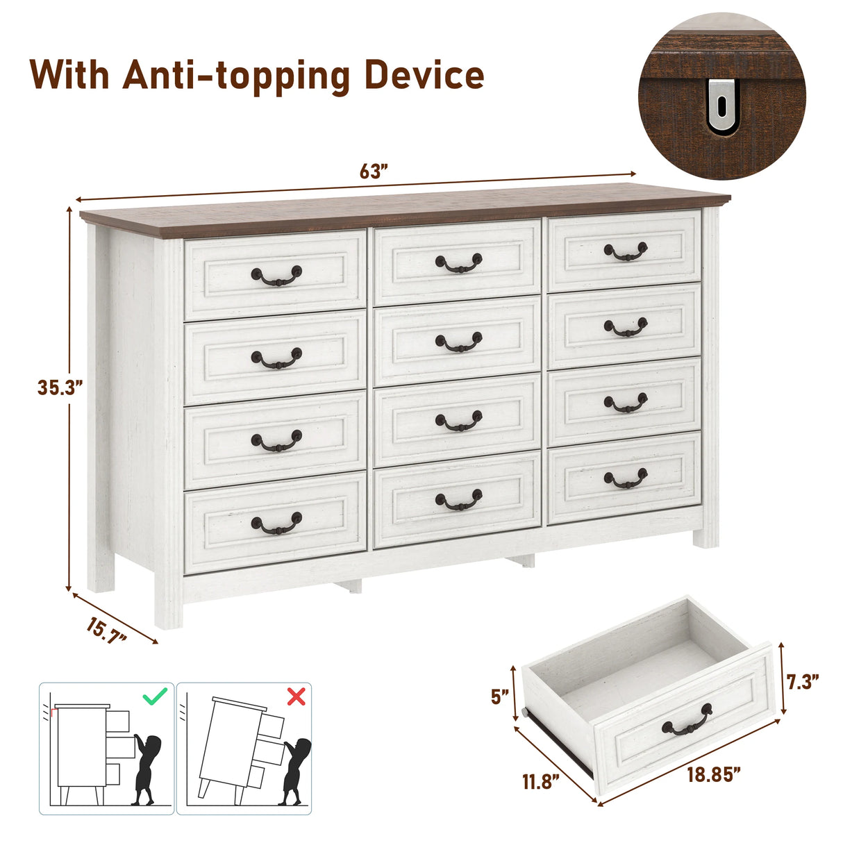 Rustic Wooden 12-Drawer Large Bedroom Dresser Chest