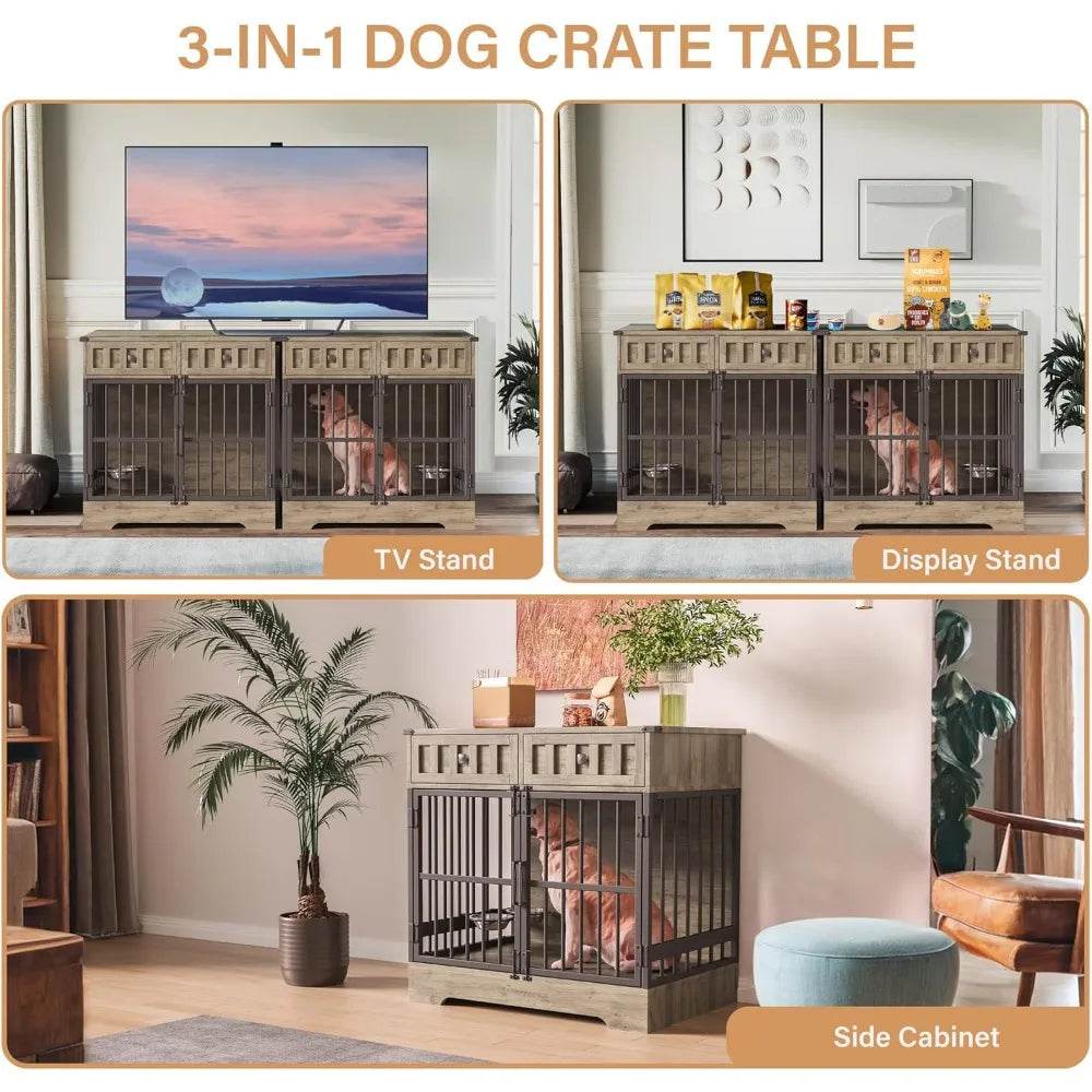 Indoor Wooden Dog Crate Furniture With Adjustable Feeder - Omega Lifestyles
