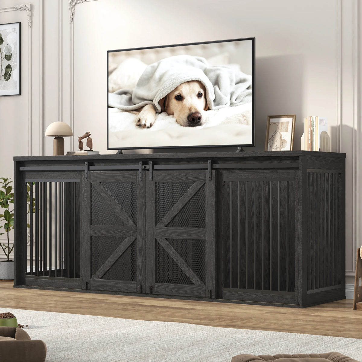 Farmhouse Wooden Large Dog Crate TV Stand Furniture