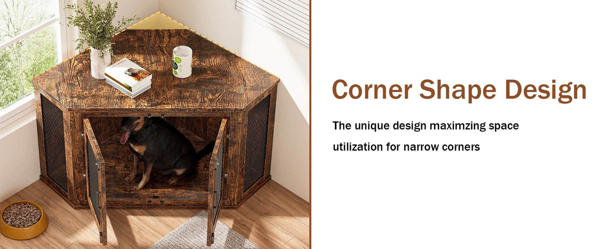 Retro Wooden Space-Saving Corner Pet Dog House - Omega Lifestyles