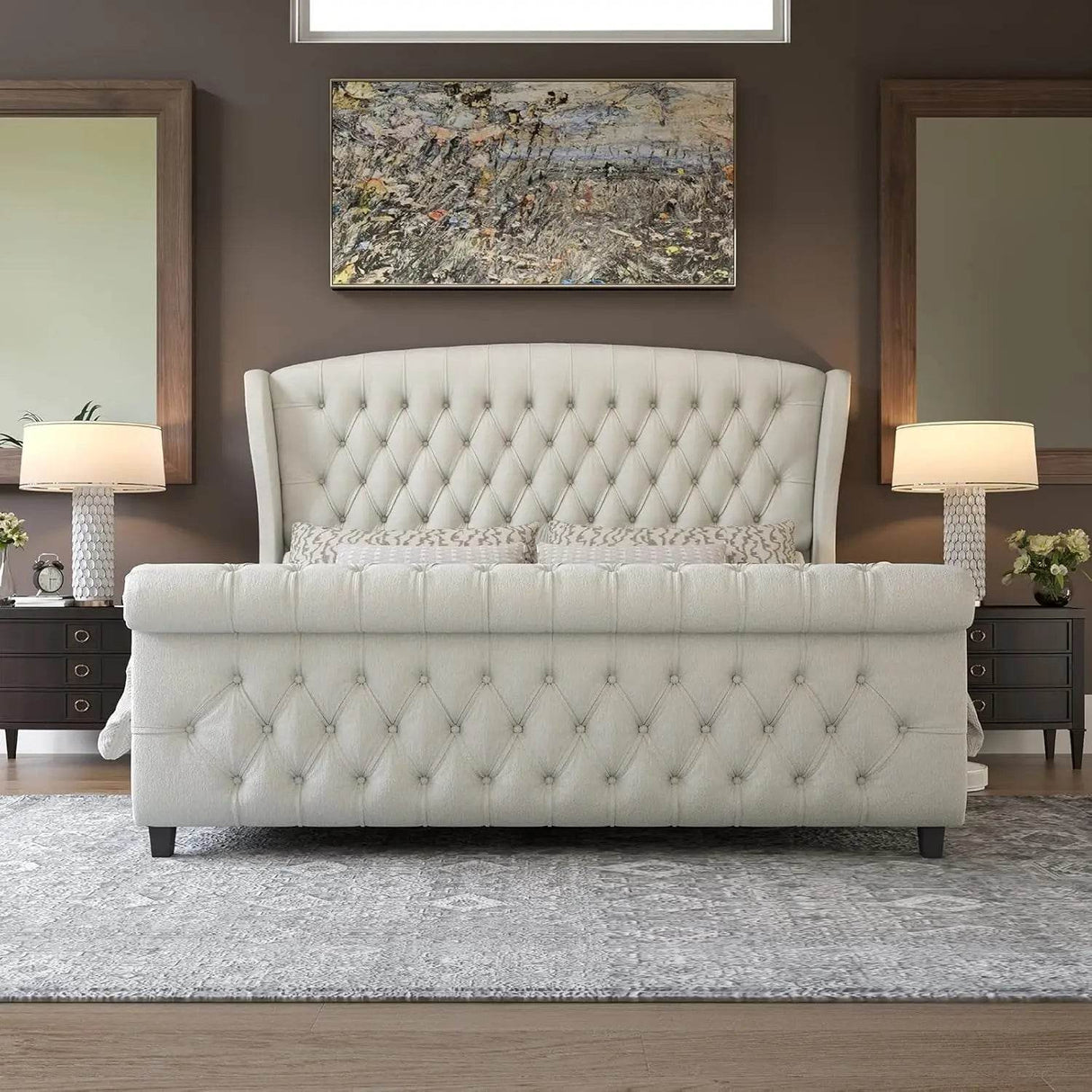 Chenille Upholstered Sleigh Bed Frame - Omega Lifestyles