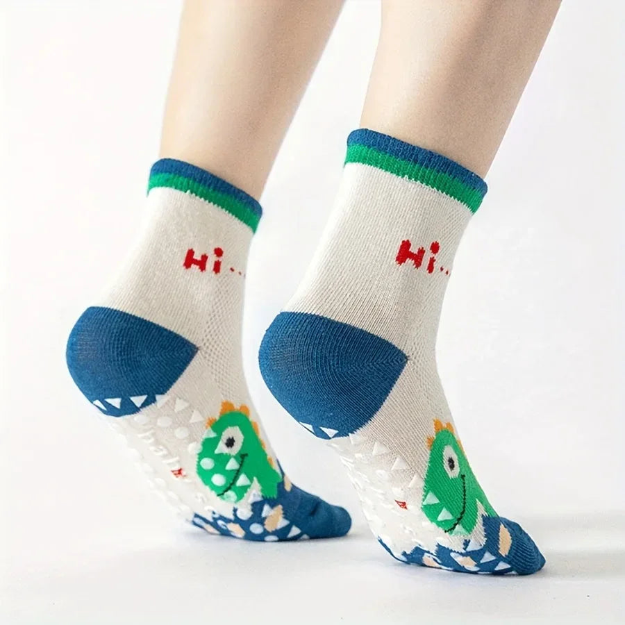 5-Pair Cartoon Dinosaur Kids Non-Slip Floor Socks - Omega Lifestyles