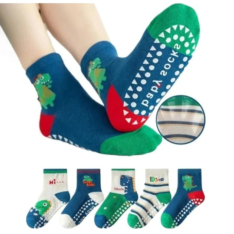 5-Pair Cartoon Dinosaur Kids Non-Slip Floor Socks - Omega Lifestyles