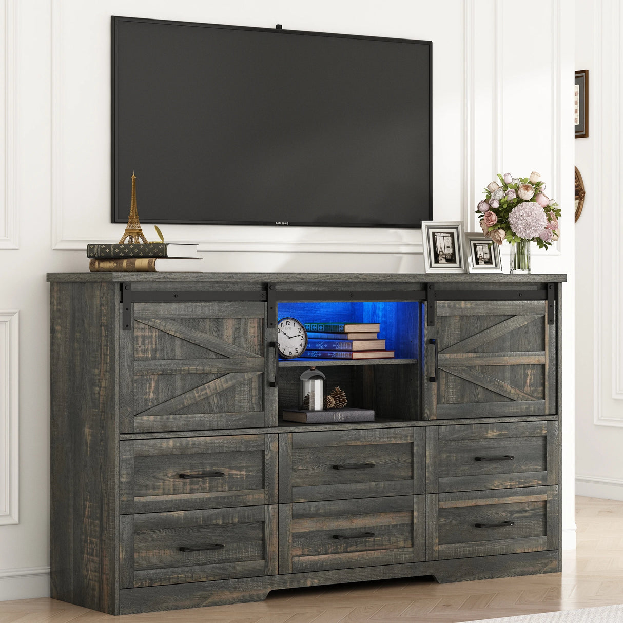Modern Farmhouse Wood Storage Cabinet With Charging Station