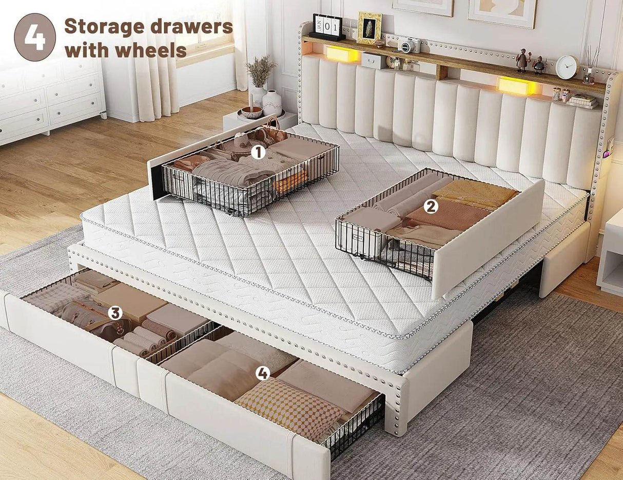 Upholstered Bed Frame with Storage Drawers - Omega Lifestyles