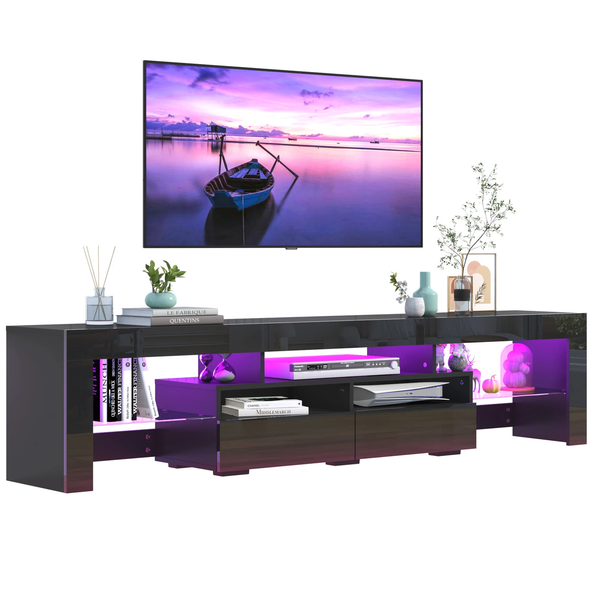 Modern RGB LED Wooden TV Stand With Storage Drawers