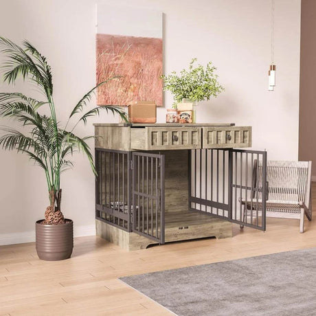 Indoor Wooden Dog Crate Furniture With Adjustable Feeder - Omega Lifestyles