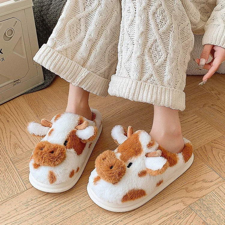 Women’s Winter Plush Cartoon Cow Indoor Slippers