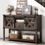 Antique Wood Farmhouse Entryway Table With Sliding Barn Doors