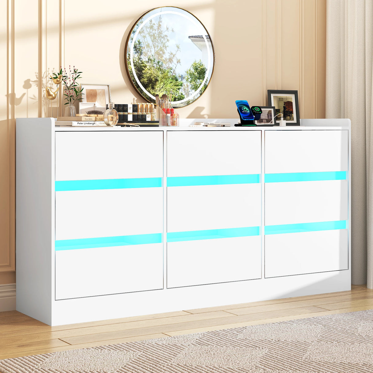 9-Drawer Wooden Dresser With LED Lights And Charging Station