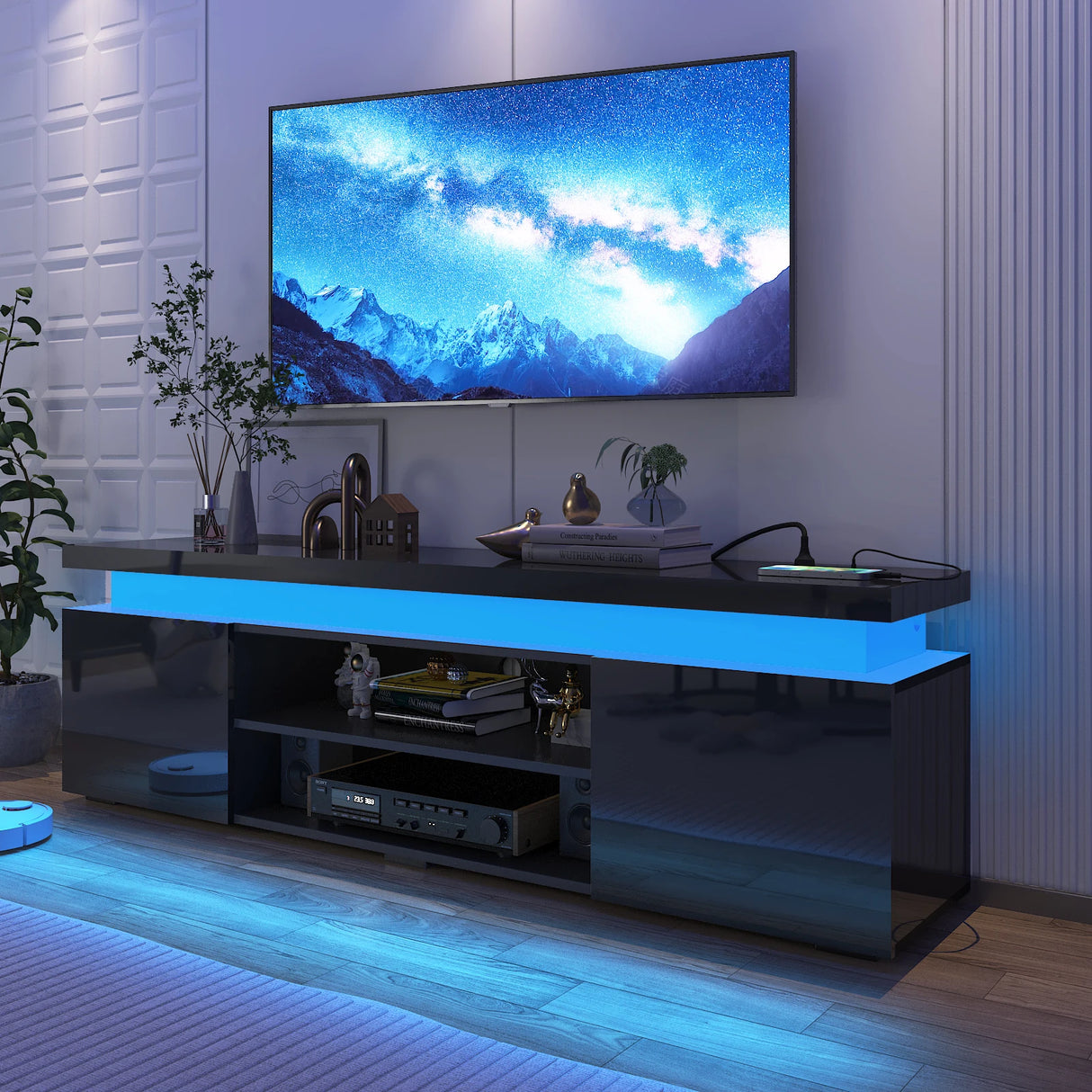 Modern 66-Inch High Gloss LED TV Stand With Power Outlet