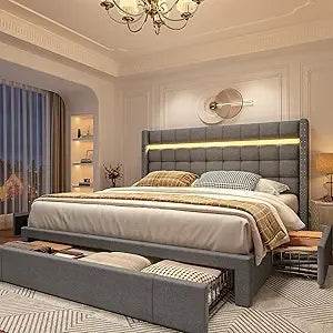 Queen Upholstered Bed Frame With Storage Drawers - Omega Lifestyles