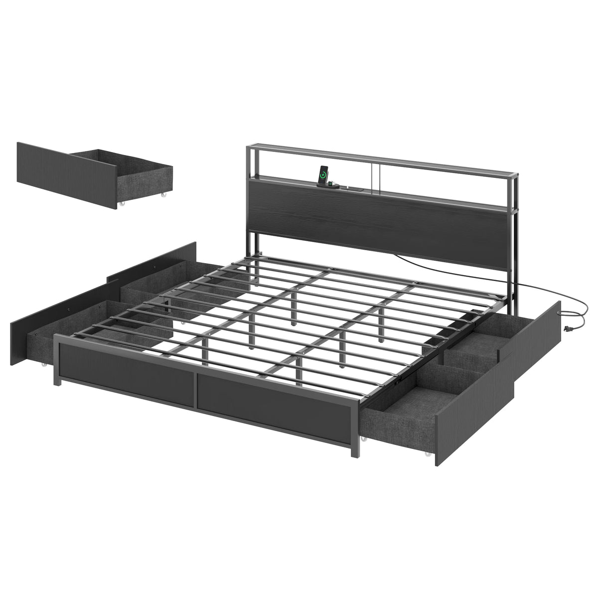King Size Industrial LED Light Storage Platform Bed Frame