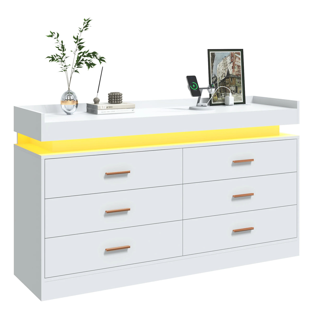 Modern 6 Drawer Wooden Dresser With LED Light