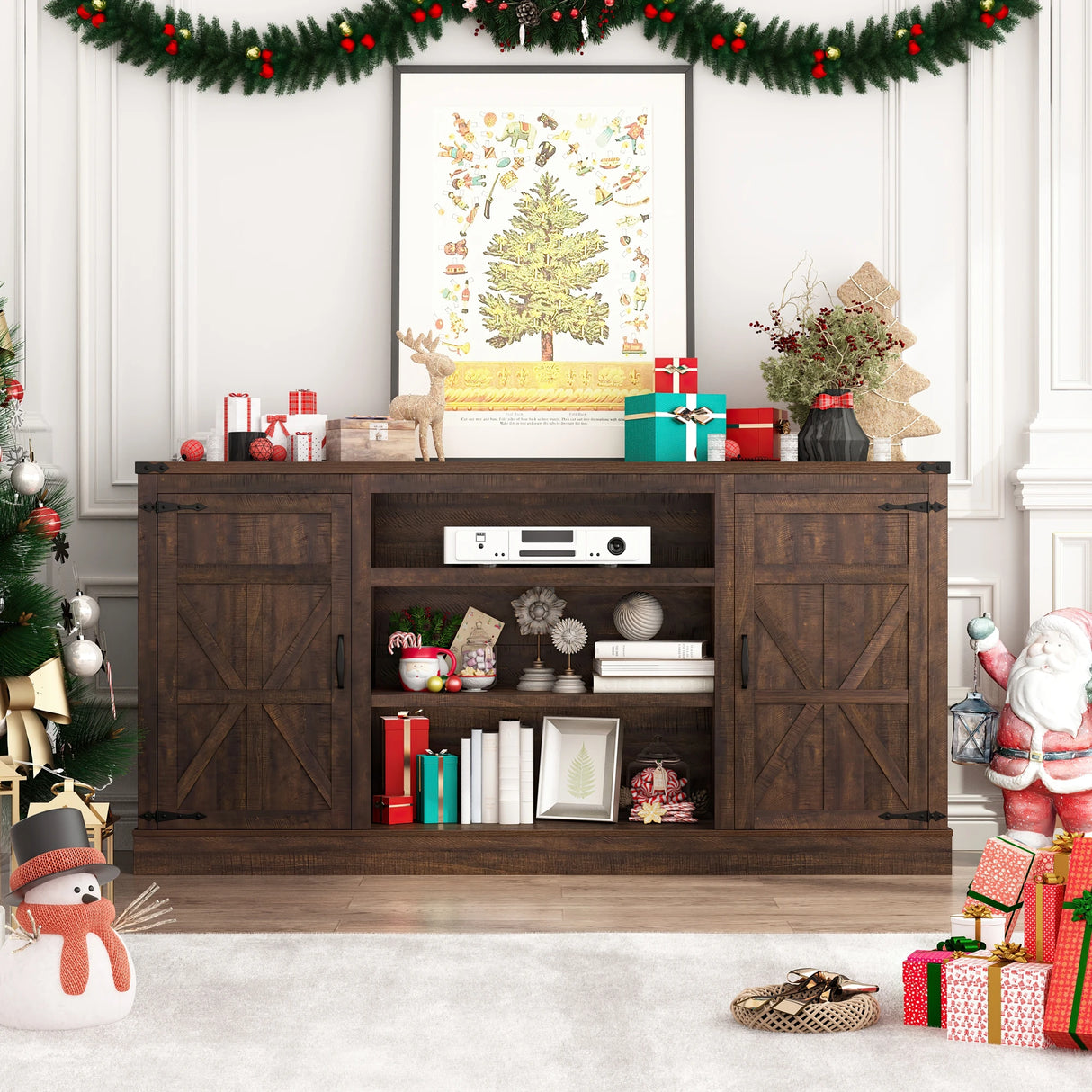 66-Inch Farmhouse Wooden TV Stand With Power Outlets