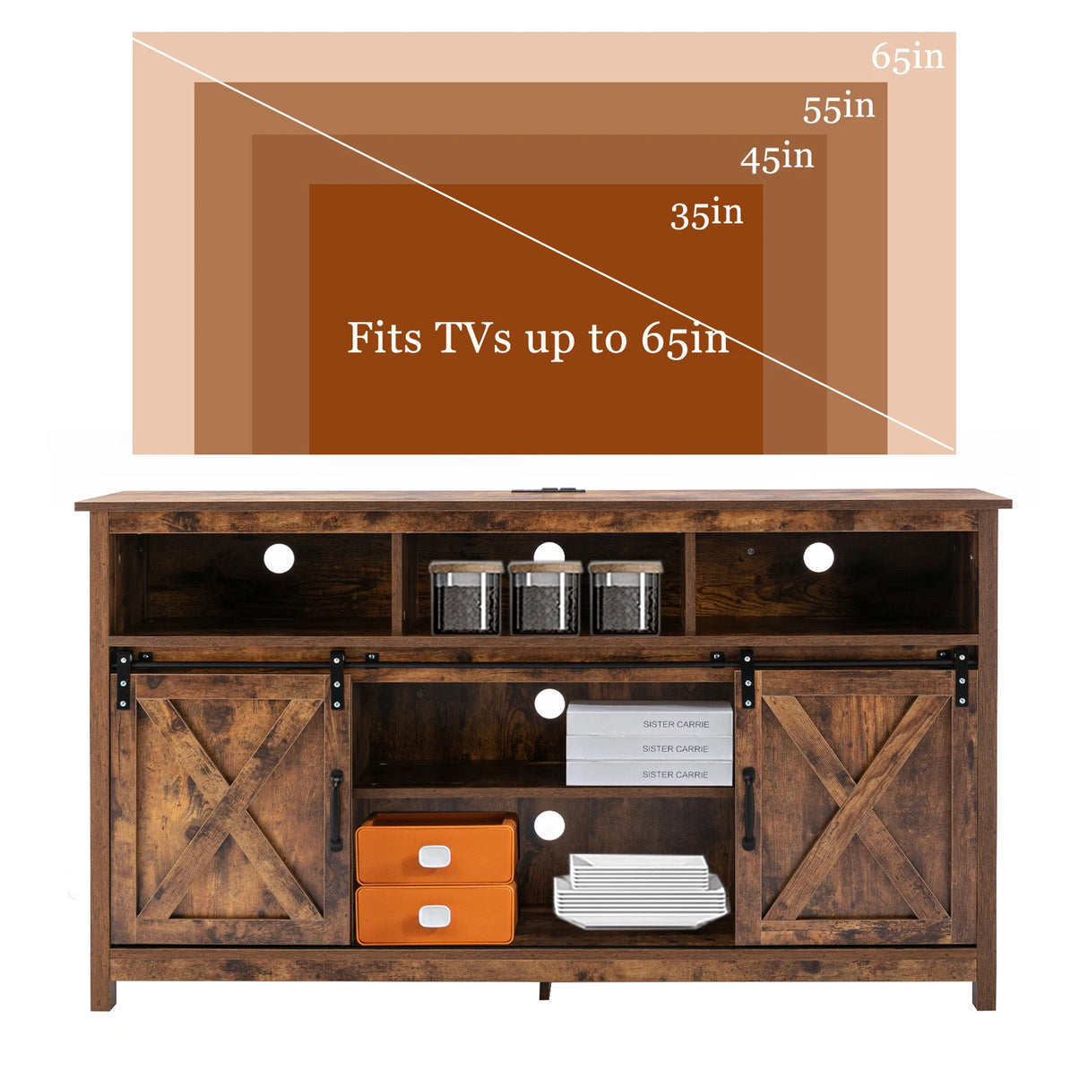 Farmhouse Wood Sliding Barn Door TV Stand Cabinet