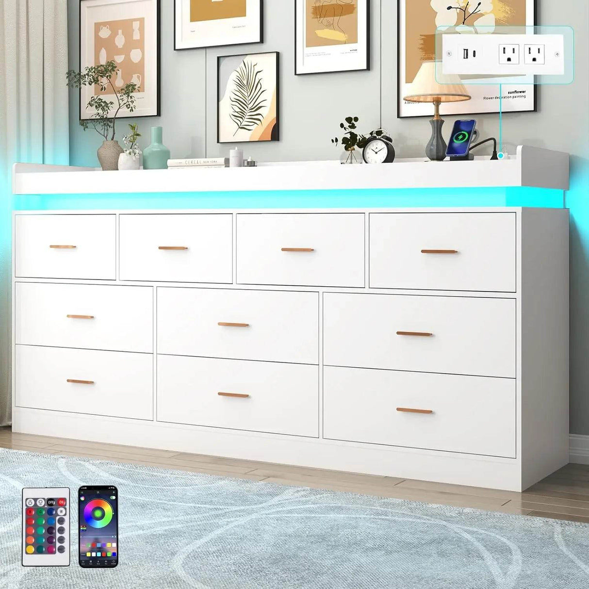 Modern 10-Drawer Dresser with LED Light - Omega Lifestyles