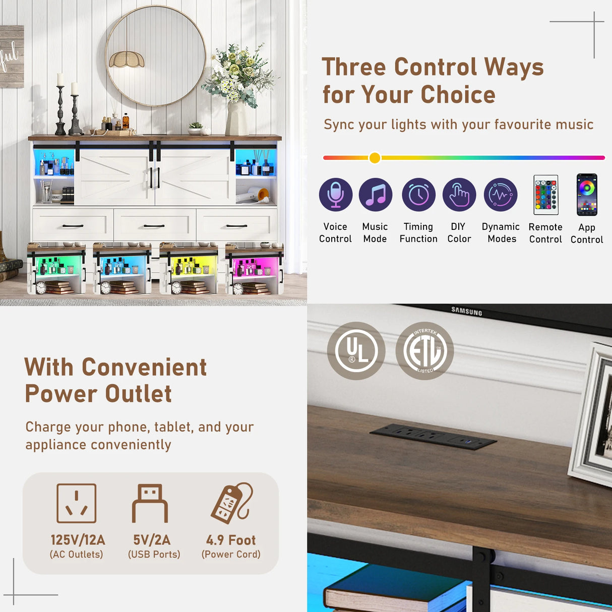 Farmhouse Wood Sideboard Buffet Cabinet With Charging Station