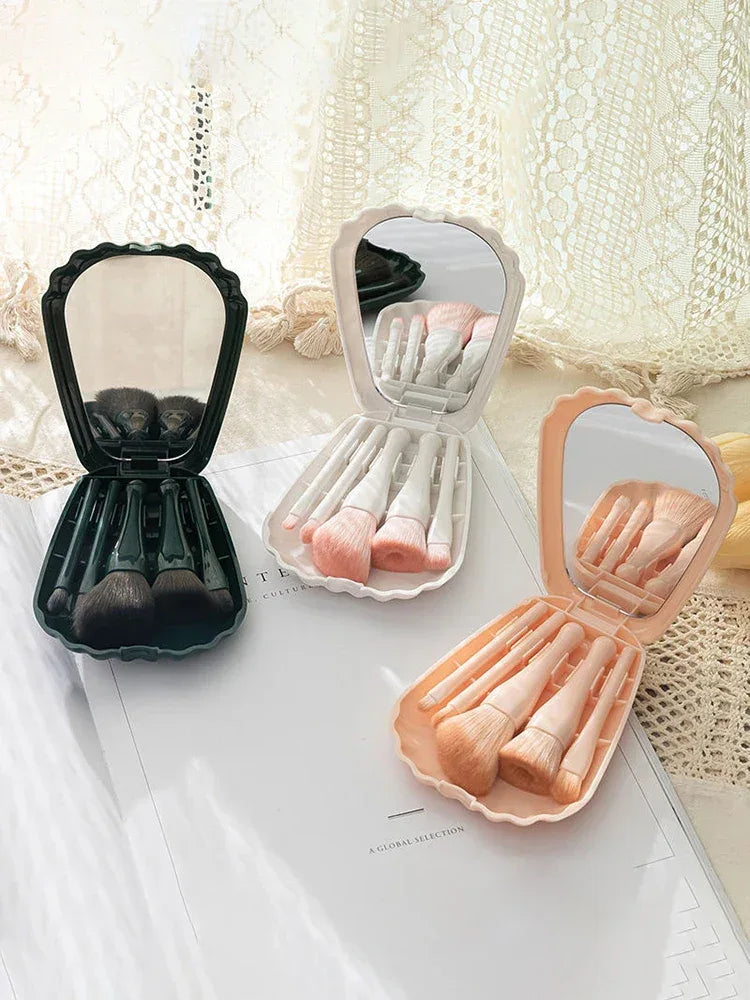 5-Piece Portable Soft Wool Fiber Makeup Brush Set With Mirror - Omega Lifestyles