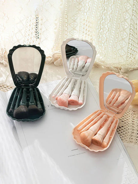 5-Piece Portable Soft Wool Fiber Makeup Brush Set With Mirror - Omega Lifestyles