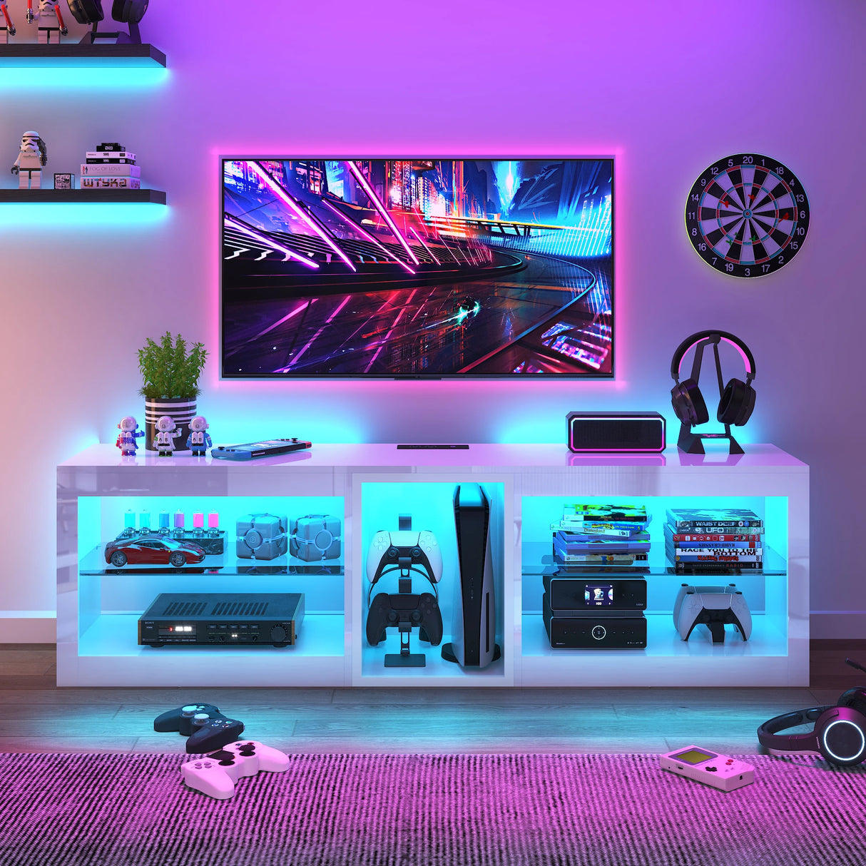 Modern 63-Inch Adjustable LED TV Stand With Storage Shelves