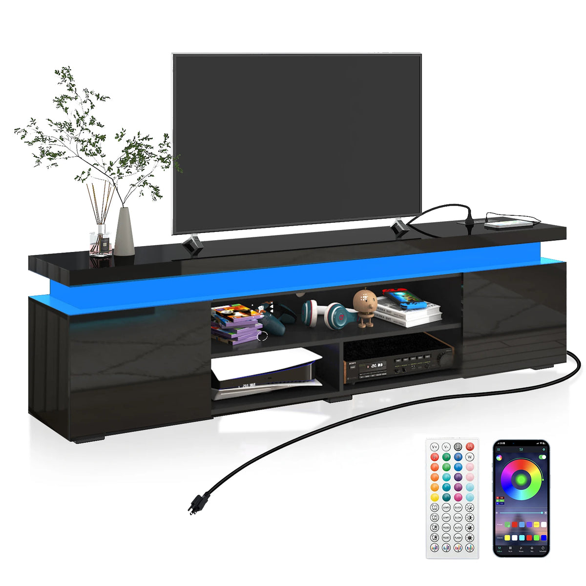 Modern 74-Inch LED TV Stand With Power Outlet and Storage