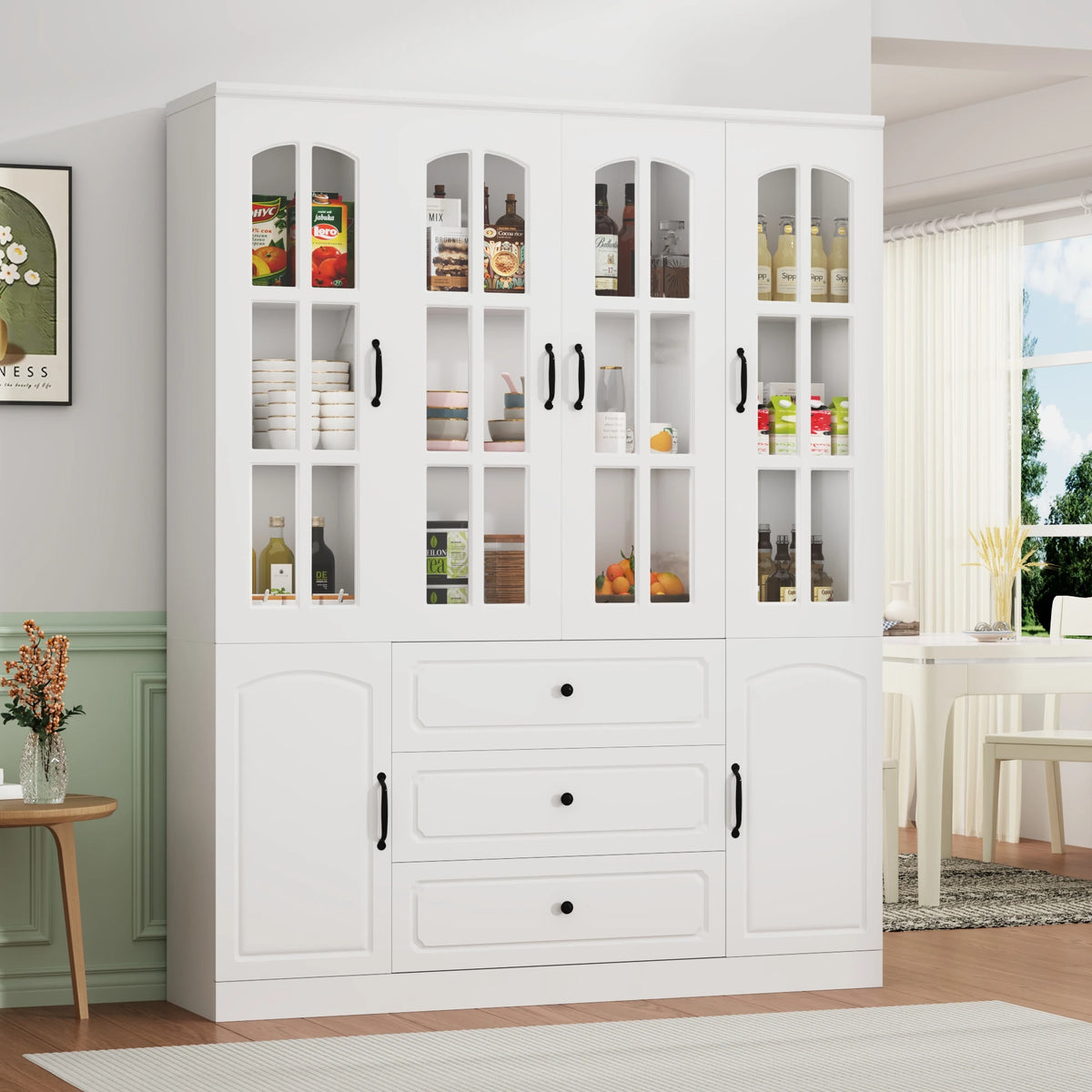 Spacious White Glass Door Dining Room Storage Cabinet