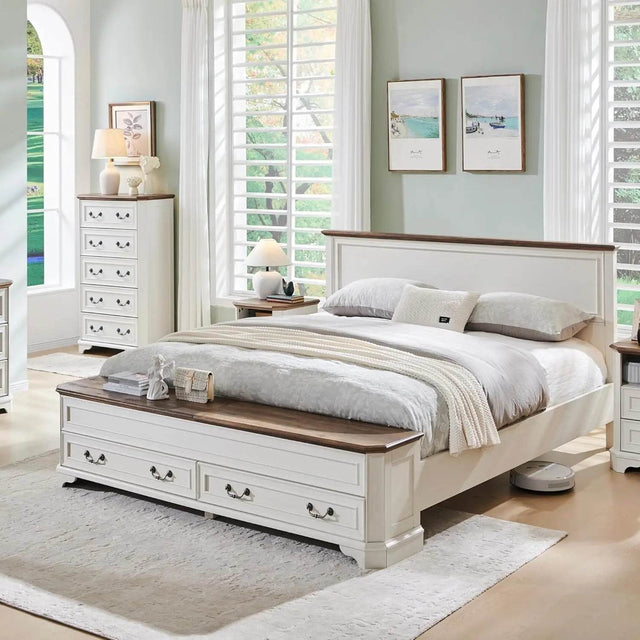 Antique Wood Platform Bed Frame with Storage Bench - Omega Lifestyles