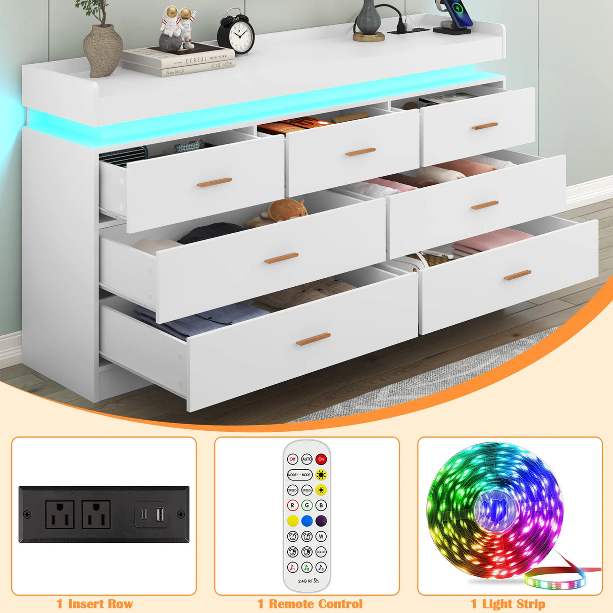 Modern 7-Drawer Wooden Dresser With LED Light