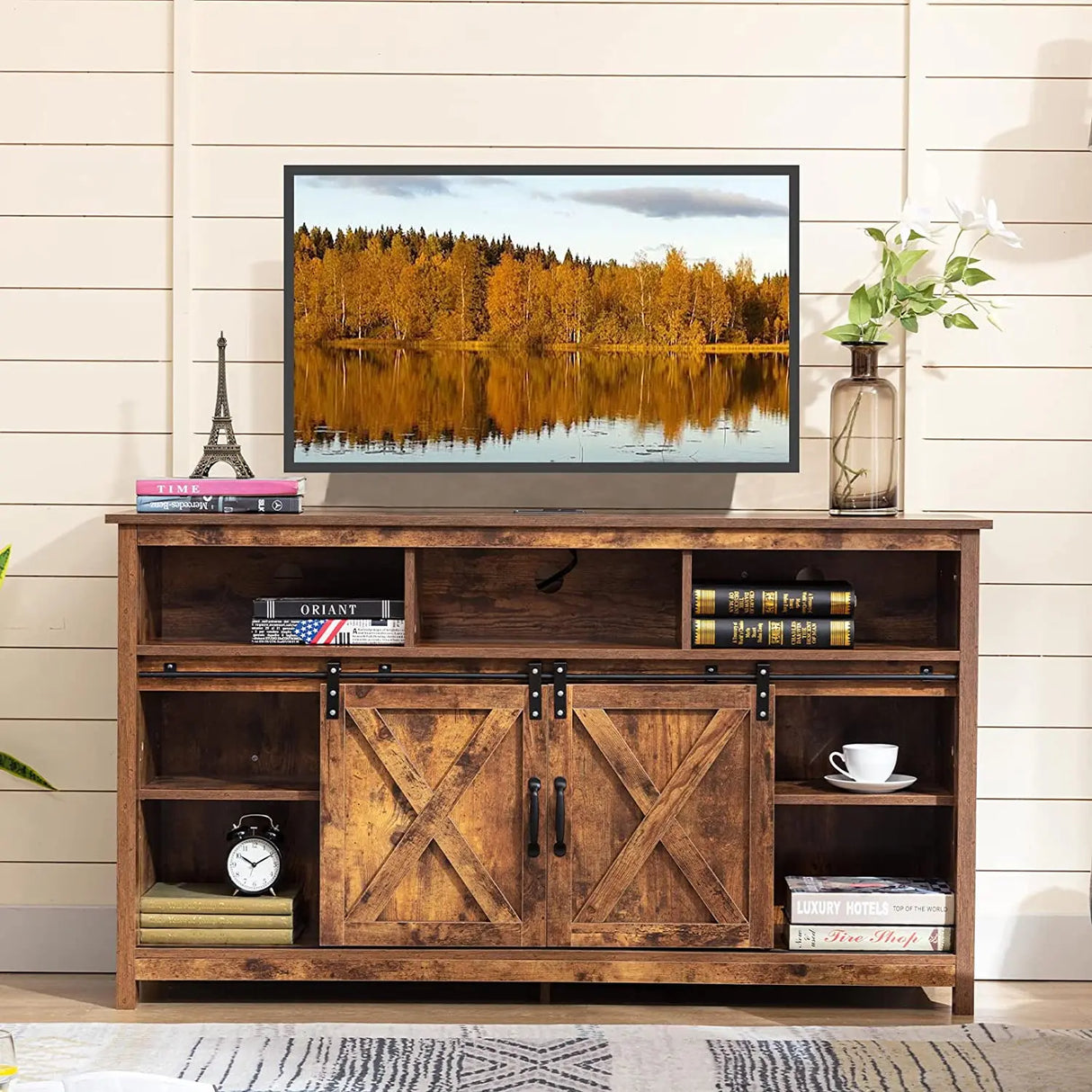 Farmhouse Wood Sliding Barn Door TV Stand Cabinet