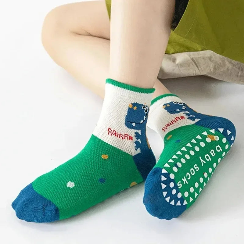 5-Pair Cartoon Dinosaur Kids Non-Slip Floor Socks - Omega Lifestyles