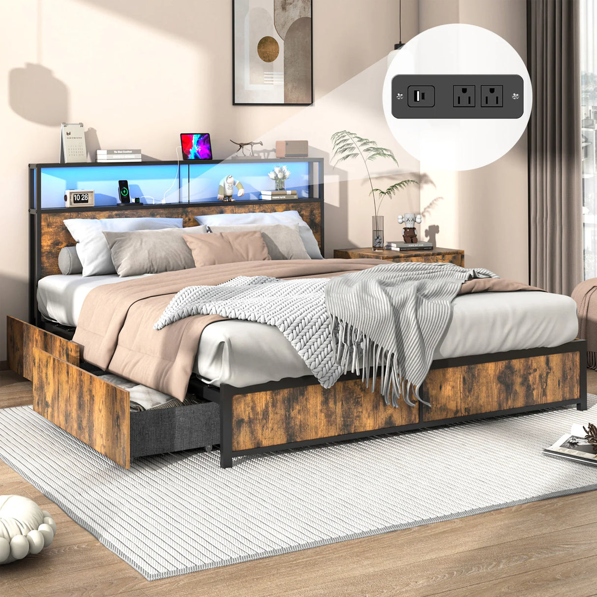 Queen LED Platform Bed Frame With Storage Drawers and USB Charging