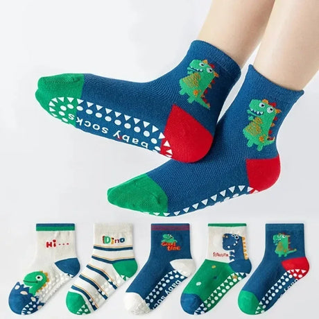 5-Pair Cartoon Dinosaur Kids Non-Slip Floor Socks - Omega Lifestyles