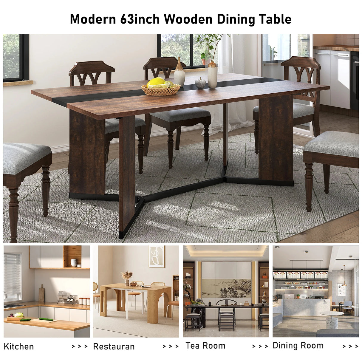 Large Rectangular Wood Top Modern Dining Table With Metal Legs