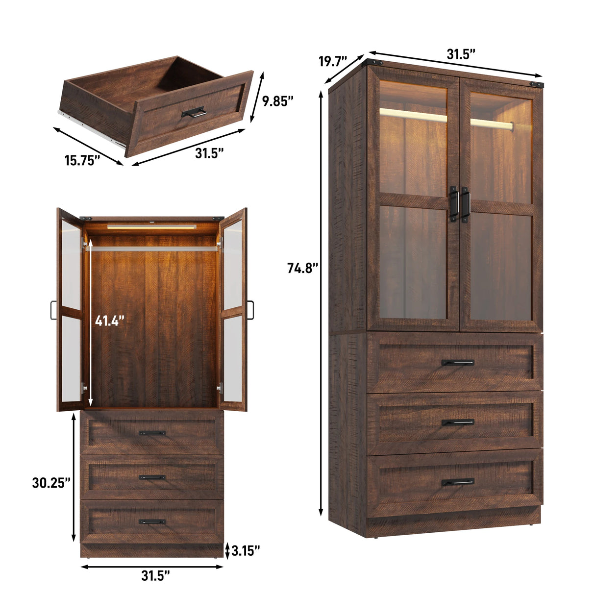 75-Inch Farmhouse LED 2-Door Armoire Wardrobe Closet