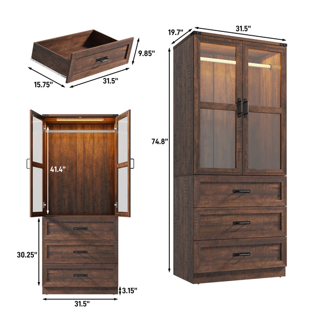 75-Inch Farmhouse LED 2-Door Armoire Wardrobe Closet